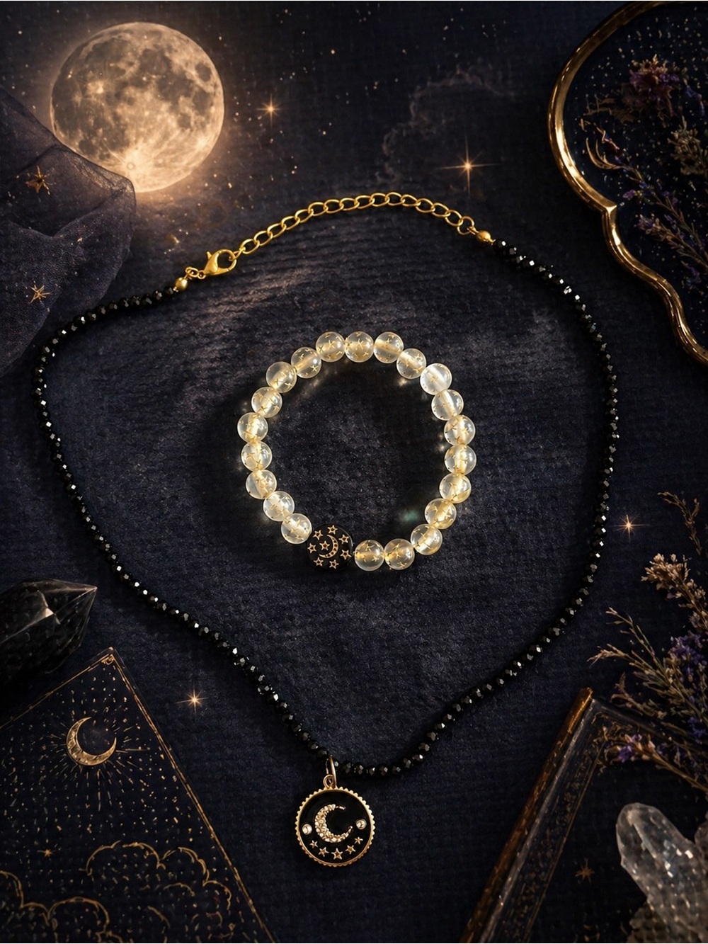 Mystic Moon Beaded Necklace & Bracelet Set 8”